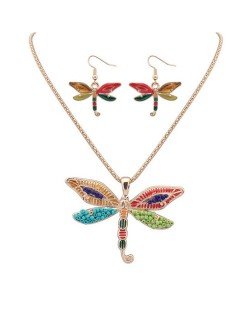 Oil-spot Glazed Colorful Dragonfly Necklace and Earrings Set - Golden