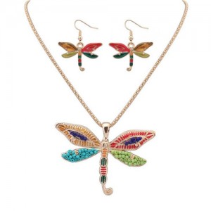 Oil-spot Glazed Colorful Dragonfly Necklace and Earrings Set - Golden