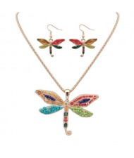 Oil-spot Glazed Colorful Dragonfly Necklace and Earrings Set - Golden