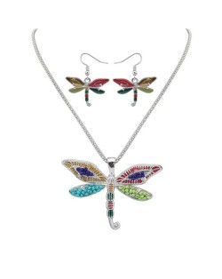 Oil-spot Glazed Colorful Dragonfly Necklace and Earrings Set - Silver