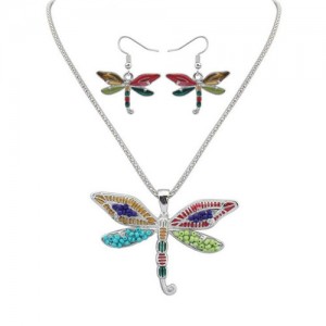 Oil-spot Glazed Colorful Dragonfly Necklace and Earrings Set - Silver
