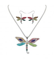 Oil-spot Glazed Colorful Dragonfly Necklace and Earrings Set - Silver