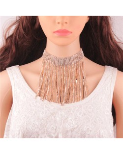 Rhinestone Inlaid Glistening Tassel Collar Fashion Statement Necklace - Golden