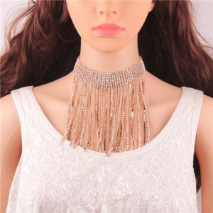 Rhinestone Inlaid Glistening Tassel Collar Fashion Statement Necklace - Golden