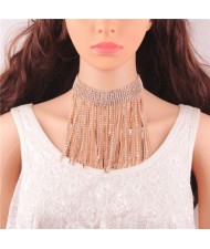 Rhinestone Inlaid Glistening Tassel Collar Fashion Statement Necklace - Golden