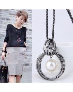 Pearl Pendant Inlaid Vintage Hoop Design Long Chain Women Necklace - White