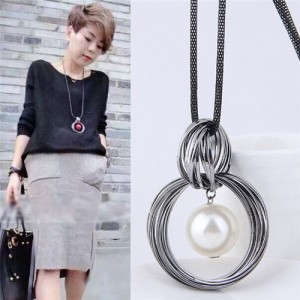 Pearl Pendant Inlaid Vintage Hoop Design Long Chain Women Necklace - White