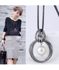 Pearl Pendant Inlaid Vintage Hoop Design Long Chain Women Necklace - White