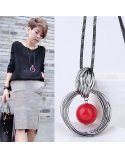 Pearl Pendant Inlaid Vintage Hoop Design Long Chain Women Necklace - Red