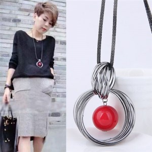 Pearl Pendant Inlaid Vintage Hoop Design Long Chain Women Necklace - Red