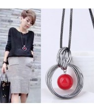 Pearl Pendant Inlaid Vintage Hoop Design Long Chain Women Necklace - Red