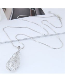 Silver Hollow Leaf Long Chain High Fashion Costume Necklace