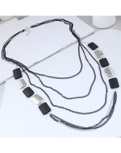 Black and Silver Squares Combo Design Multi-layers High Fashion Costume Necklace