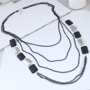 Black and Silver Squares Combo Design Multi-layers High Fashion Costume Necklace