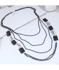 Black and Silver Squares Combo Design Multi-layers High Fashion Costume Necklace
