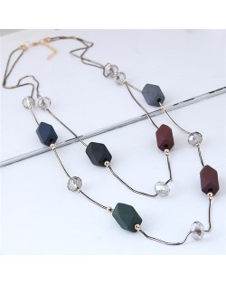 Resin Gems and Crystal Beads Decorated Dual Layers Long Style Fashion Necklace