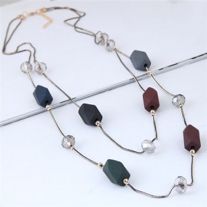 Resin Gems and Crystal Beads Decorated Dual Layers Long Style Fashion Necklace