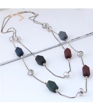 Resin Gems and Crystal Beads Decorated Dual Layers Long Style Fashion Necklace