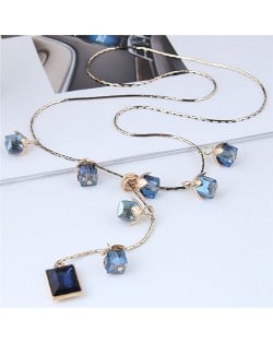 Blue Crystal Flowers and Square Gem Pendant Long Chain Fashion Necklace