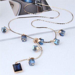 Blue Crystal Flowers and Square Gem Pendant Long Chain Fashion Necklace