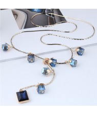 Blue Crystal Flowers and Square Gem Pendant Long Chain Fashion Necklace