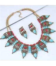 Turquoise Inlaid Vintage Hollow Folk Pattern Design Chunky Costume Necklace - Blue