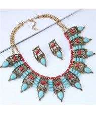 Turquoise Inlaid Vintage Hollow Folk Pattern Design Chunky Costume Necklace - Blue