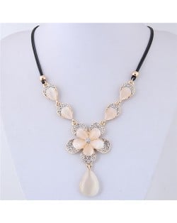 Rhinestone Embellished Flowers with Opal Waterdrop Women Fashion Statement Necklace