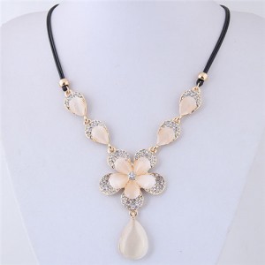 Rhinestone Embellished Flowers with Opal Waterdrop Women Fashion Statement Necklace