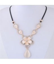 Rhinestone Embellished Flowers with Opal Waterdrop Women Fashion Statement Necklace