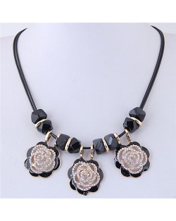 Rhinestone Embellished Hollow Black Roses Short Rope Fashion Necklace