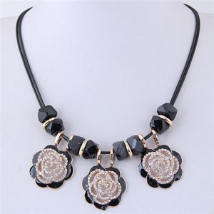 Rhinestone Embellished Hollow Black Roses Short Rope Fashion Necklace