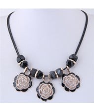 Rhinestone Embellished Hollow Black Roses Short Rope Fashion Necklace