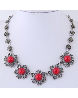 Rhinestone Inlaid Red Sunflower Vintage Fashion Statement Necklace
