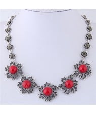 Rhinestone Inlaid Red Sunflower Vintage Fashion Statement Necklace
