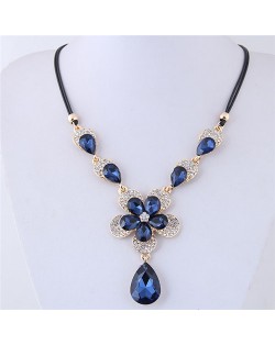 Shining Dimensional Floral Design Waterdrop Pendant Short Rope Costume Necklace