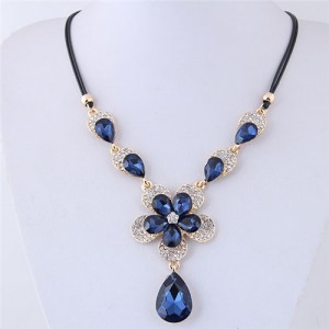 Shining Dimensional Floral Design Waterdrop Pendant Short Rope Costume Necklace