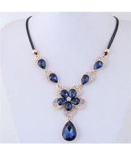 Shining Dimensional Floral Design Waterdrop Pendant Short Rope Costume Necklace