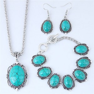 Artificial Turquoise Inlaid Vintage Style Necklace Earrings and Bracelet Set