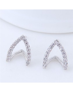 Cubic Zirconia Embellished Hoof Shape High Fashion Stud Earrings - Silver