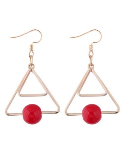Red Bead Decorated Dual Triangles Dangling Fashion Earrings