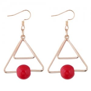 Red Bead Decorated Dual Triangles Dangling Fashion Earrings