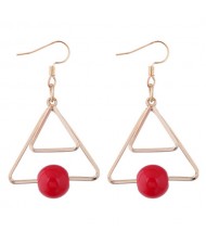 Red Bead Decorated Dual Triangles Dangling Fashion Earrings