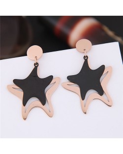 Twin Starfish Design Dangling Titanium and Rose Gold Fashion Earrings