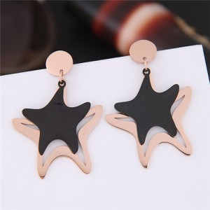 Twin Starfish Design Dangling Titanium and Rose Gold Fashion Earrings