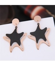 Twin Starfish Design Dangling Titanium and Rose Gold Fashion Earrings
