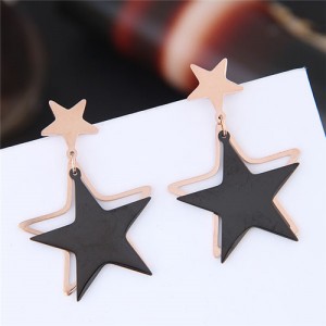 Twin Lucky Stars High Fashion Titanium and Rose Gold Earrings