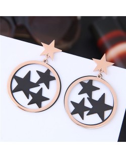 Hollow Twinkle Stars Inlaid Dangling Hoop Design High Fashion Titanium and Rose Gold Earrings