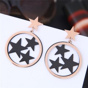 Hollow Twinkle Stars Inlaid Dangling Hoop Design High Fashion Titanium and Rose Gold Earrings