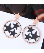 Hollow Twinkle Stars Inlaid Dangling Hoop Design High Fashion Titanium and Rose Gold Earrings